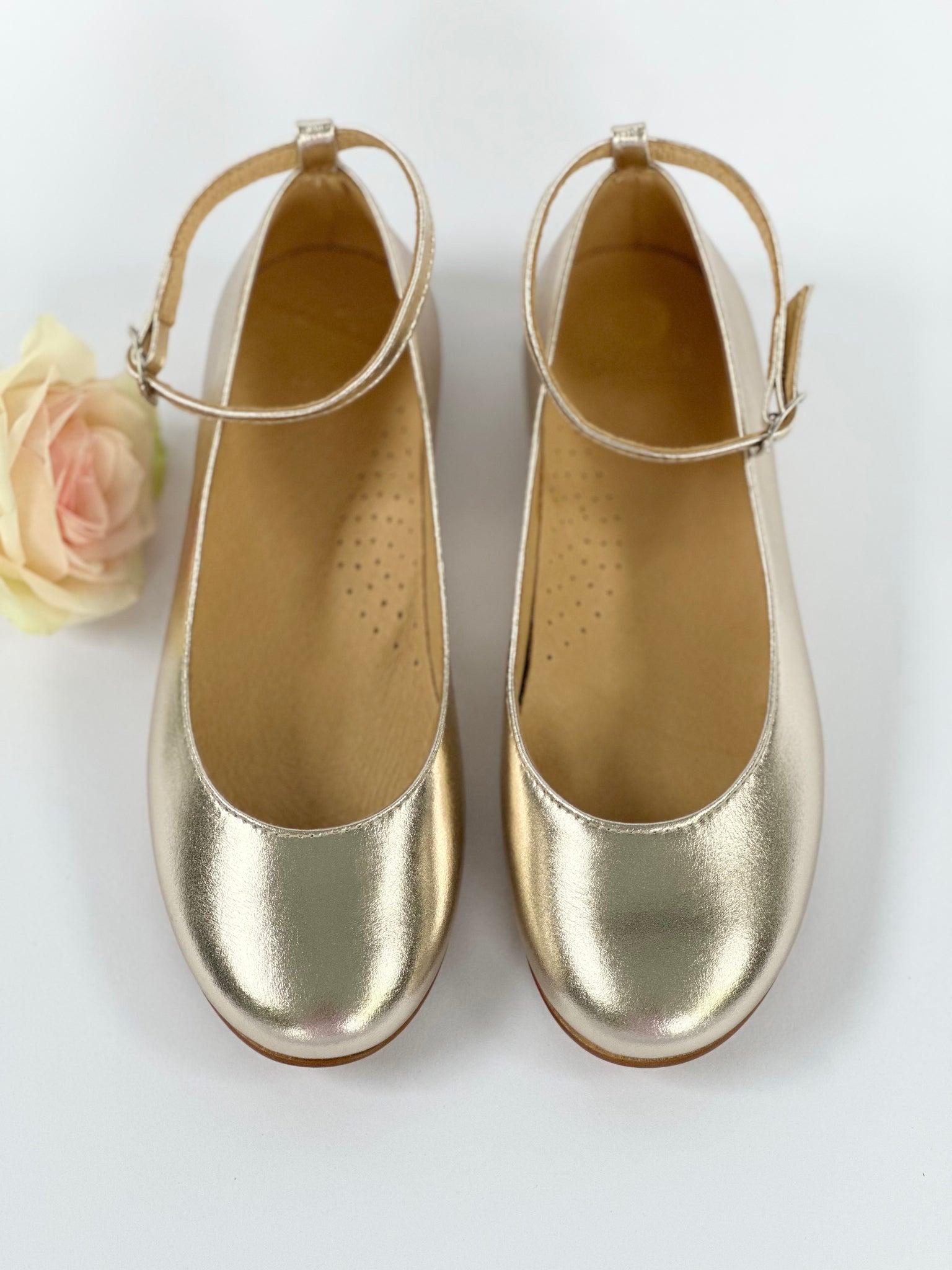 Belle Ballerina Champagne Gold leather with ankel straps and satin ribbon ties