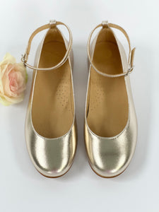Belle Ballerina Champagne Gold leather with ankel straps and satin ribbon ties