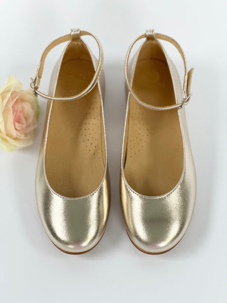 Belle Ballerina Champagne Gold leather with ankel straps and satin ribbon ties