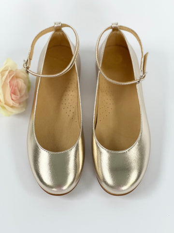 Belle Ballerina Champagne Gold leather with ankel straps and satin ribbon ties