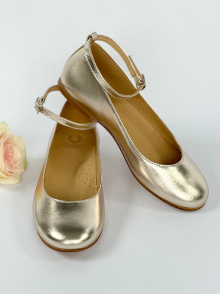 Belle Ballerina Champagne Gold leather with ankel straps and satin ribbon ties