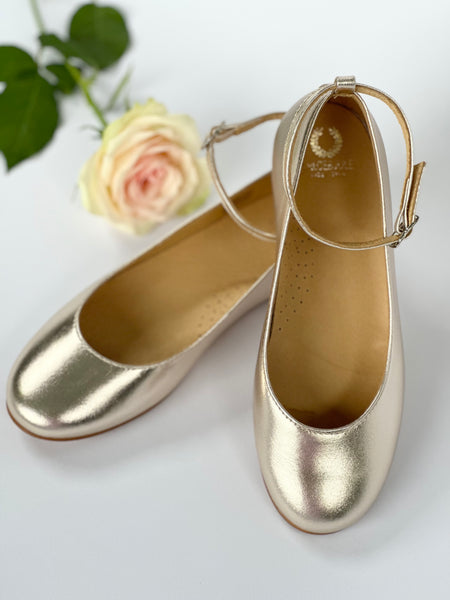 Belle Ballerina Champagne Gold leather with ankel straps and satin ribbon ties