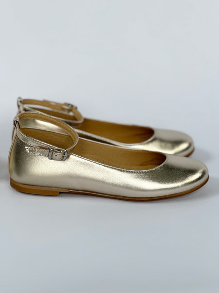 Belle Ballerina Champagne Gold leather with ankel straps and satin ribbon ties