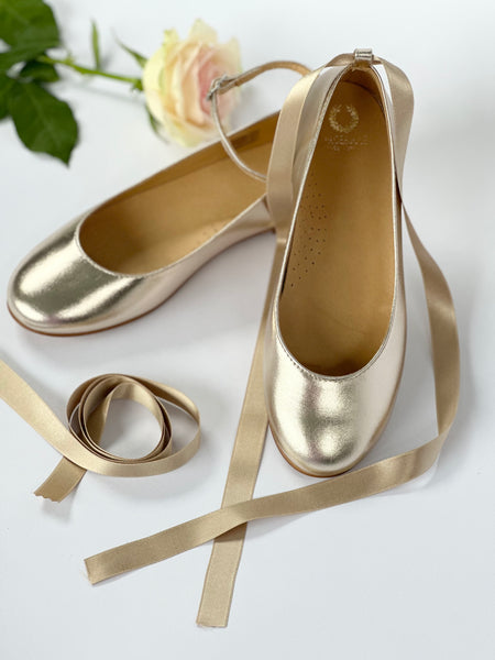Belle Ballerina Champagne Gold leather with ankel straps and satin ribbon ties