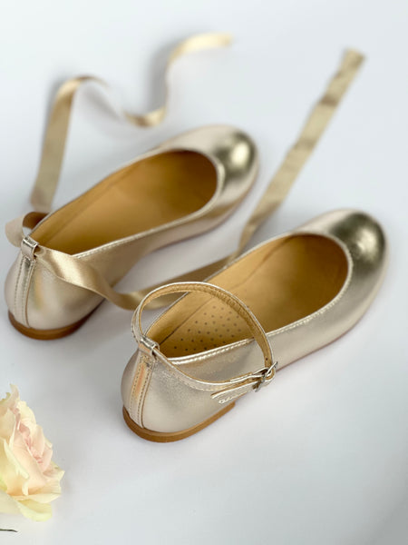 Belle Ballerina Champagne Gold leather with ankel straps and satin ribbon ties