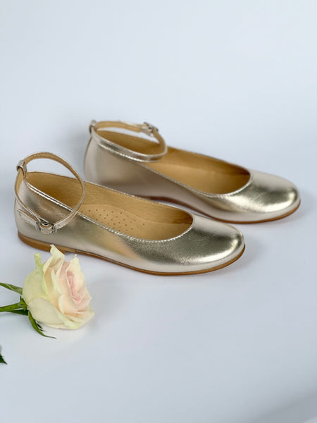Belle Ballerina Champagne Gold leather with ankel straps and satin ribbon ties