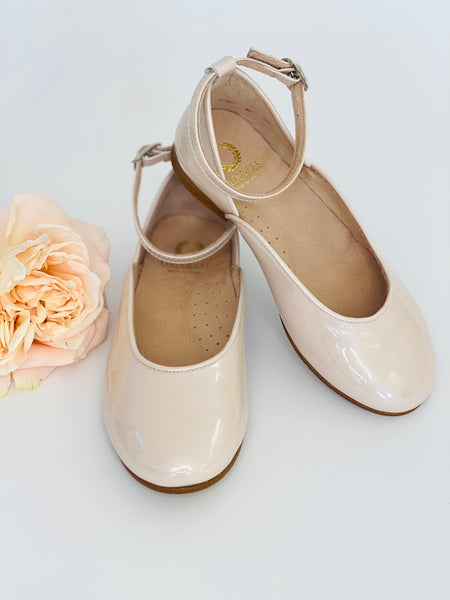 Prima Ballerina Pink Pearl patent leather with ankle straps and satin ribbon ties