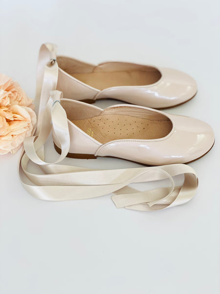 Prima Ballerina Pink Pearl patent leather with ankle straps and satin ribbon ties