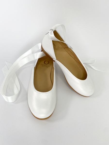 Prima Ballerina Pearl White leather with ankle straps and satin ribbon ties