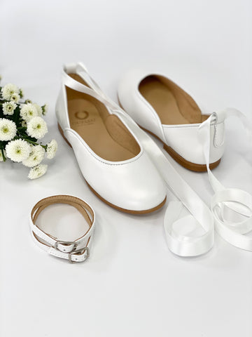 Prima Ballerina Pearl White leather with ankle straps and satin ribbon ties
