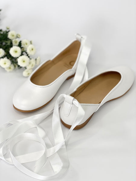 Prima Ballerina Pearl White leather with ankle straps and satin ribbon ties