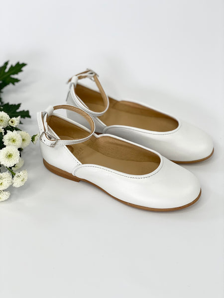 Prima Ballerina Pearl White leather with ankle straps and satin ribbon ties